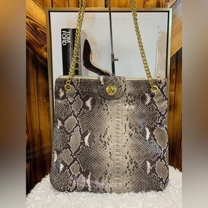 MUDD PIE….Snake-Print Shoulder Bag with Gold Chain Straps - Gray